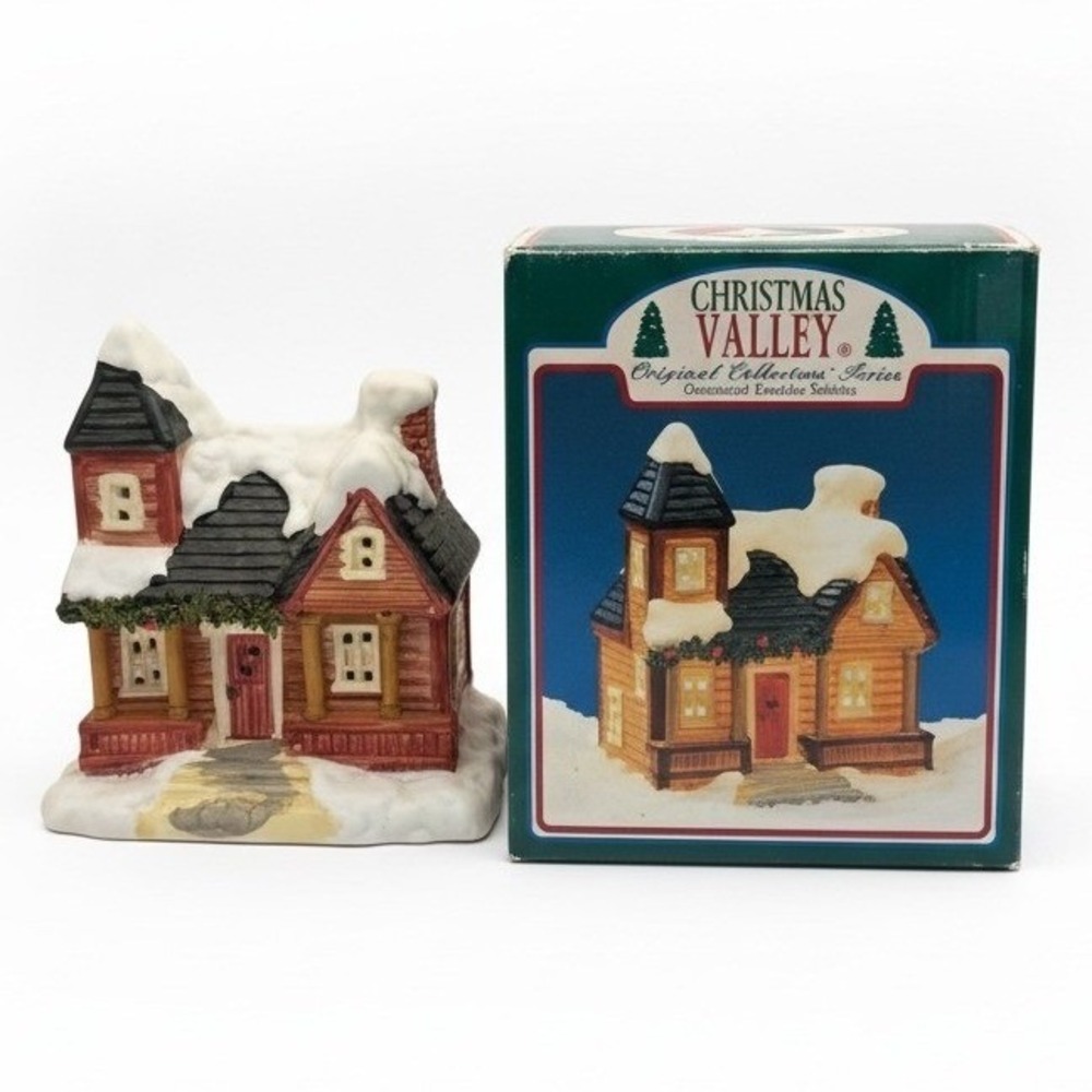 Vintage Christmas Valley Porcelain Log Cabin Village 1990s Holiday Decor Box